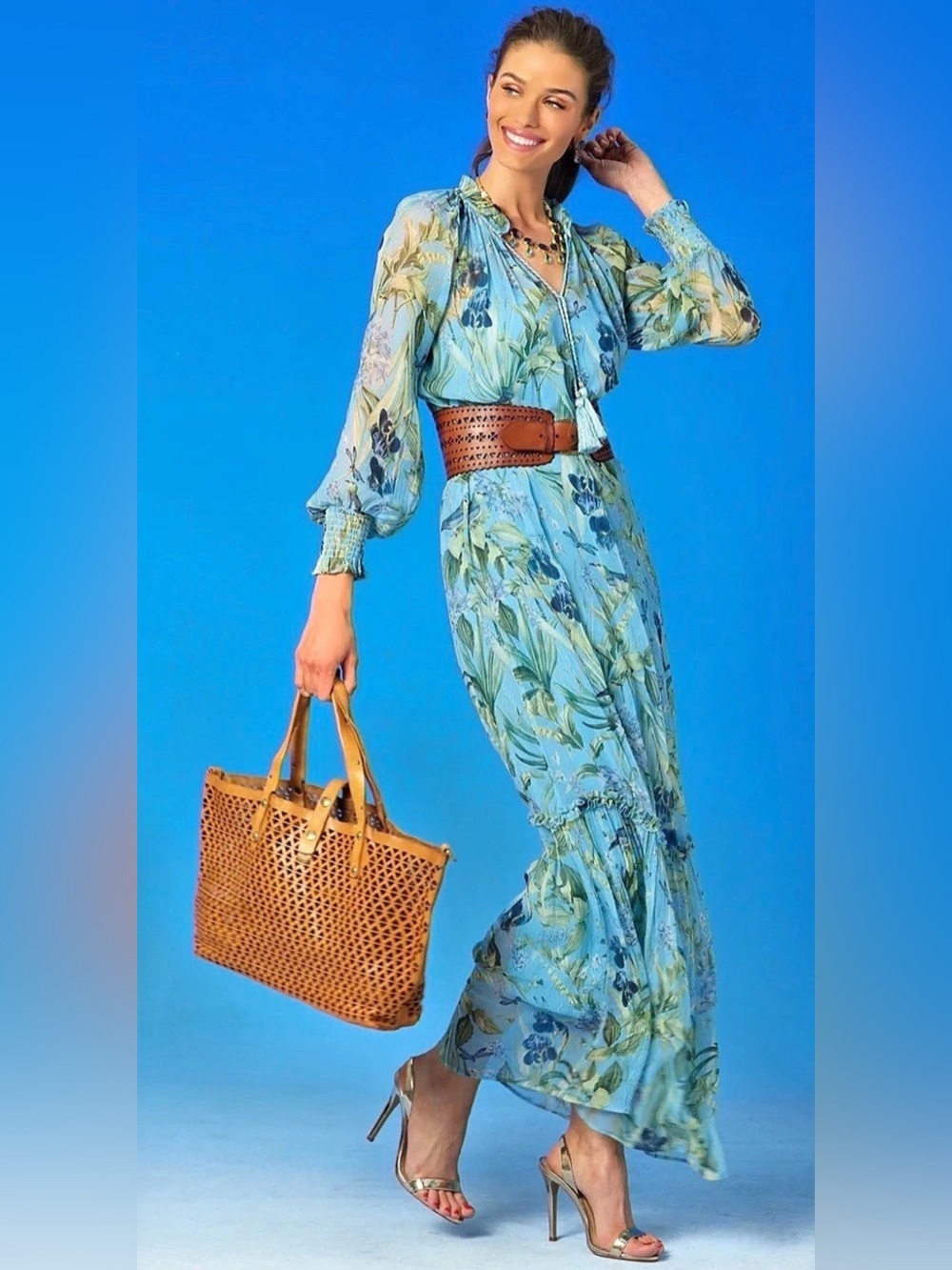 NicoBlu Celine Maxi Crinkle Chiffon Dress in Blue & Green